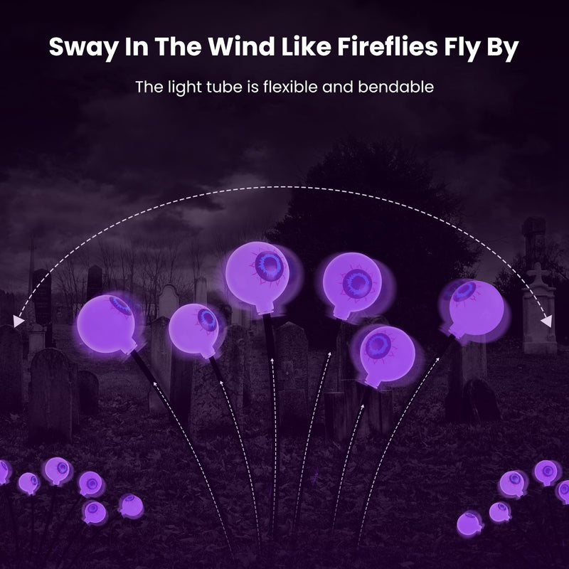 2Pcs Purple Light OR 2Pcs Green Light Solar Scary Eyeballs Lights Outdoor Halloween Decoration Swaying Light Halloween Path Lights Ornaments With Total 12LED IP65 Waterproof For Yard Garden